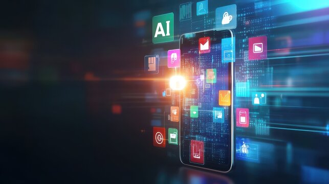 Digital mobile phone interface with various application icons.