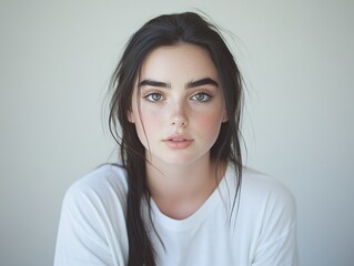 Fototapeta premium Against a white background, a portrait of a young woman with a beautiful face is presented