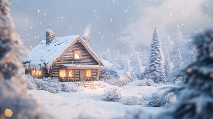 Fototapeta premium A snowy white cottage nestled in a cold winter forest landscape evokes a peaceful Christmas holiday scene