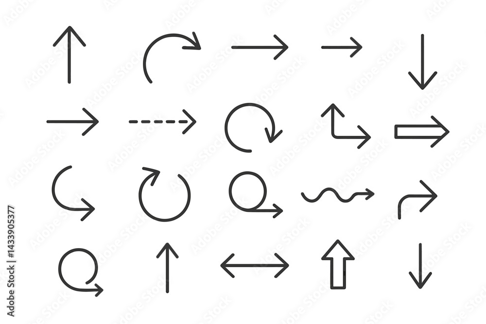 Poster icon set featuring various directional arrows and flow indicators for design applications and digita