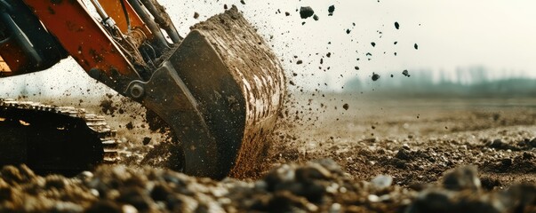 Excavator bucket breaking ground in action close-up.