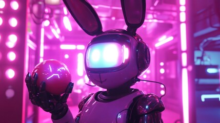 Obraz premium Robotic Bunny in Neon Pink Setting Holding Red Orb