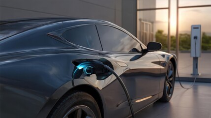 Fototapeta premium Electric vehicle charging at sunset in a modern urban setting with a sleek design