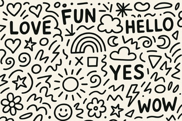 Colorful icon set featuring playful doodles including hearts, stars, and positive phrases with vibrant designs