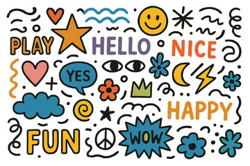 Colorful icon set with playful designs and friendly phrases for creative projects and social media use