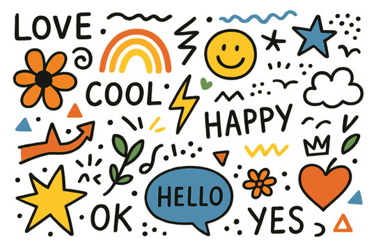 Unique icon set featuring cheerful and vibrant doodles representing positivity and fun