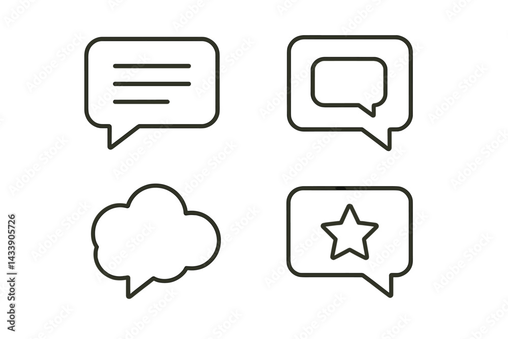 Poster set of four line outline speech bubble icons suitable for digital communication and user interface d