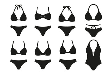 Variety of black swimwear designs featuring bikinis and one-piece styles for summer activities