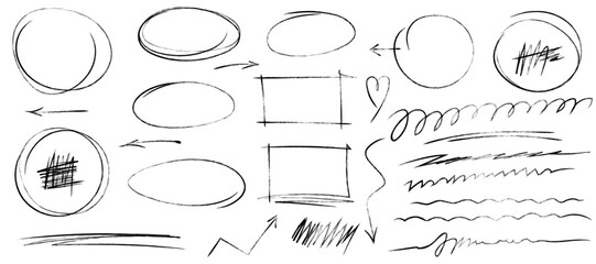 Set of sketchy shapes and underline elements Scrawls, highlights, hand drawn arrows, grunge lines, crayon scribbles, rough brush charcoal pen stroke, emphasis marks. Sketches of ellipse rectangle oval