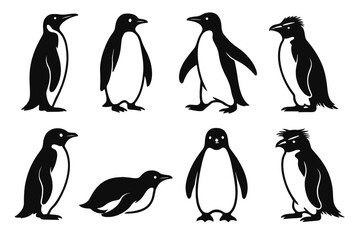Naklejka premium Unique icon set featuring various penguin designs in a minimalistic style for versatile applications