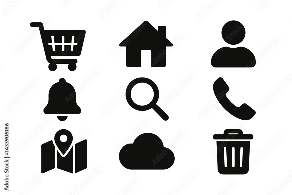 Poster collection of simple icons representing various functions and concepts for user interface design