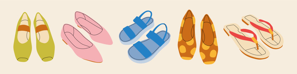Set female summer shoes. Sandals, mules, ballet flats, flip-flops. Stylish modern design. Flat hand drawn colorful vector illustration isolated on white background. 