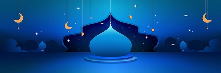 Naklejka premium Refined 2D Minimalist Background in Deep Blue Hues Featuring Soft Light Effects Elegant Islamic Motifs Gold Accents Hanging Crescent Moons and Subtle Starry Details for a Warm and Spiritual Atmosphere