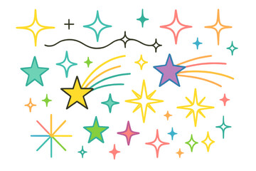 Colorful icon set featuring various star designs and sparkles for creative projects and digital applications
