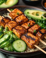 Grilled tofu skewers served on a bed of quinoa with fresh cucumber and avocado garnishes