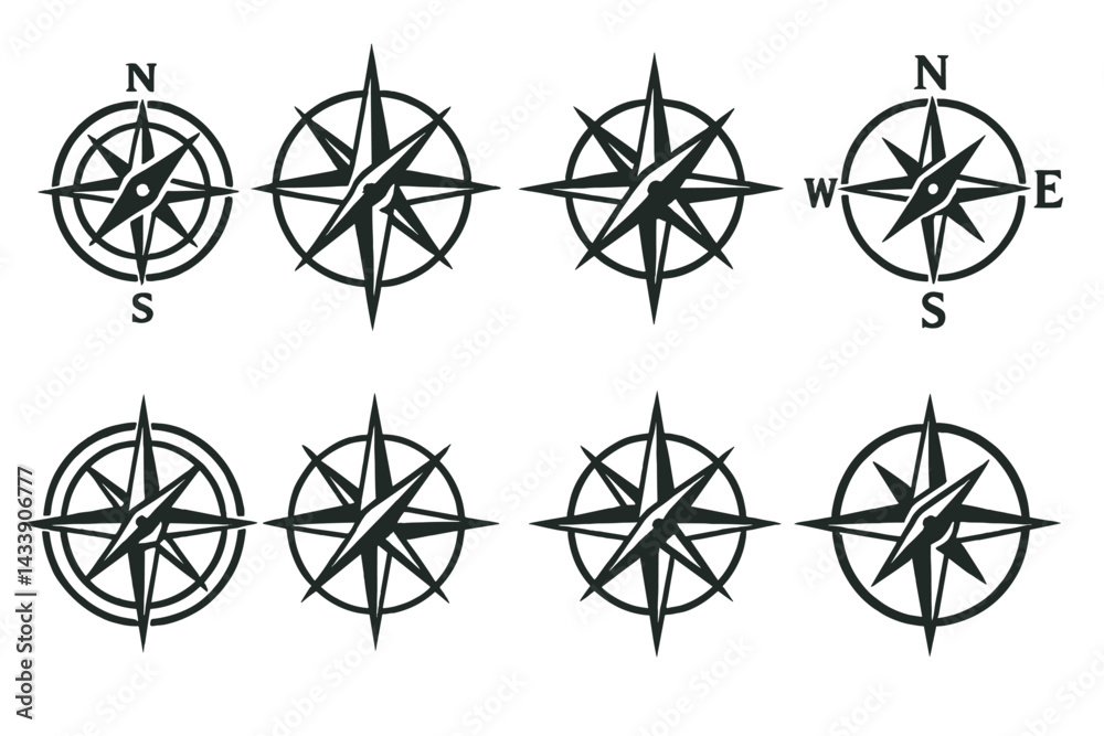 Poster various compass icons showcasing different styles and orientations for navigation and design applica