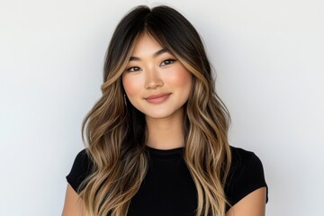 Naklejka premium Beautiful Asian woman with a bright smile and flawless skin exudes happiness and positivity, set against a clean white backdrop, embodying the concept of beauty and cosmetics