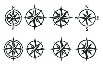 Fototapeta premium Various compass icons showcasing different styles and orientations for navigation and design applications