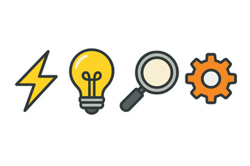 Icon set featuring symbols for energy, creativity, exploration, and innovation showcasing modern design elements