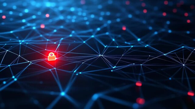 An abstract futuristic network grid with secure data connections and glowing padlocks. The dark blue digital background symbolizes advanced information protection.