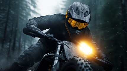 Exciting action of a motorcyclist riding through a misty forest during a thrilling adventure in dim light