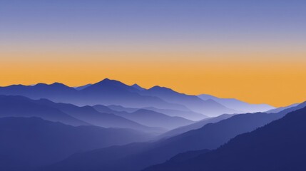 Fototapeta premium Layered Mountain Ridges at Dawn with Golden Sky: Tranquil Landscape View Featuring Gradient Hues of Blue and Light Orange