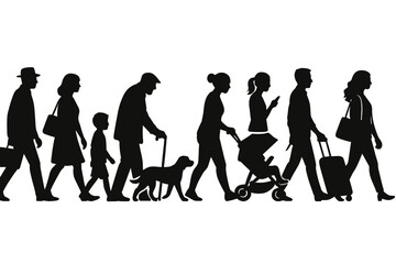 Fototapeta premium Silhouette icon set depicting diverse individuals in various activities such as walking, pushing strollers, and carrying bags