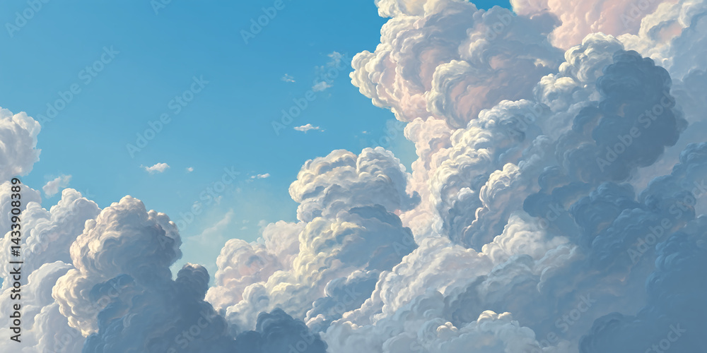 Poster fluffy white and gray clouds fill a bright blue sky, creating a serene and peaceful atmosphere, idea