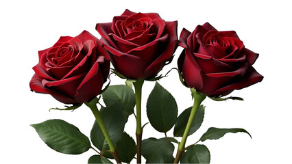 Three Deep Red Roses with Green Stems and Velvety Petals, Isolated on Transparent Background