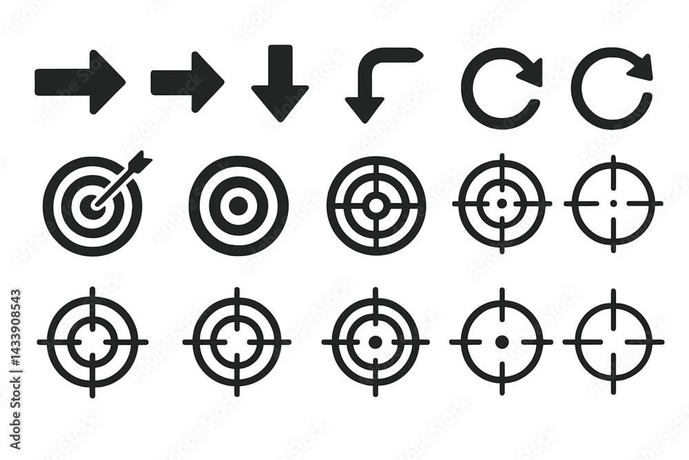 Poster collection of arrow and target icons designed for digital and print media use in various application