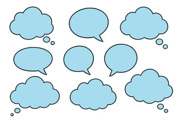 This icon set features various speech and thought bubbles in a light blue color on a white background, suitable for communication-related designs