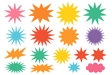 Colorful icon set featuring starbursts and clouds suitable for various digital projects and graphic designs