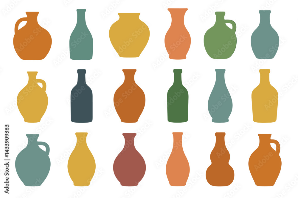 Poster collection of colorful vase icons in various shapes and sizes arranged in a grid pattern for decorat