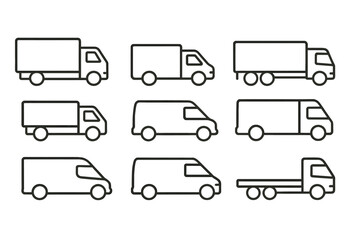 Icon set depicting various types of delivery and transport trucks for commercial and personal use