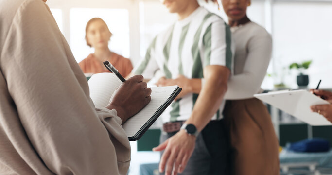 People, writing and first aid with demonstration for learning, paramedic course or training. Employees, teacher and choke hazard with presentation for rescue tips, health and safety at workplace