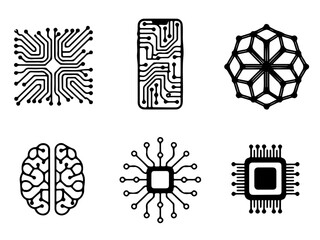 Minimalist Tech-Themed Icons: Circuitry Smartphone and AI Brain