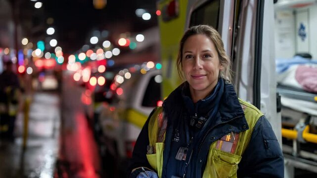 Confident female emergency medical technician using tablet during night urban operation beside ambulance, wearing high-visibility jacket and gloves, Generative AI