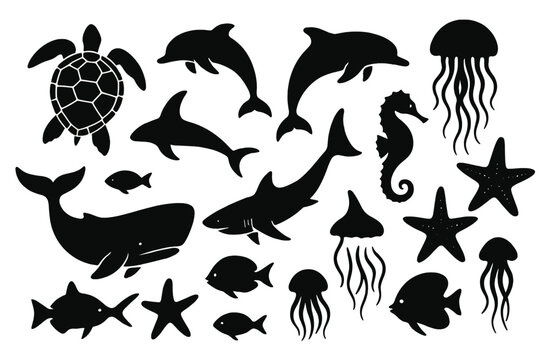 Icon set featuring marine creatures including a turtle, dolphins, jellyfish, seahorse, and more in black silhouette design