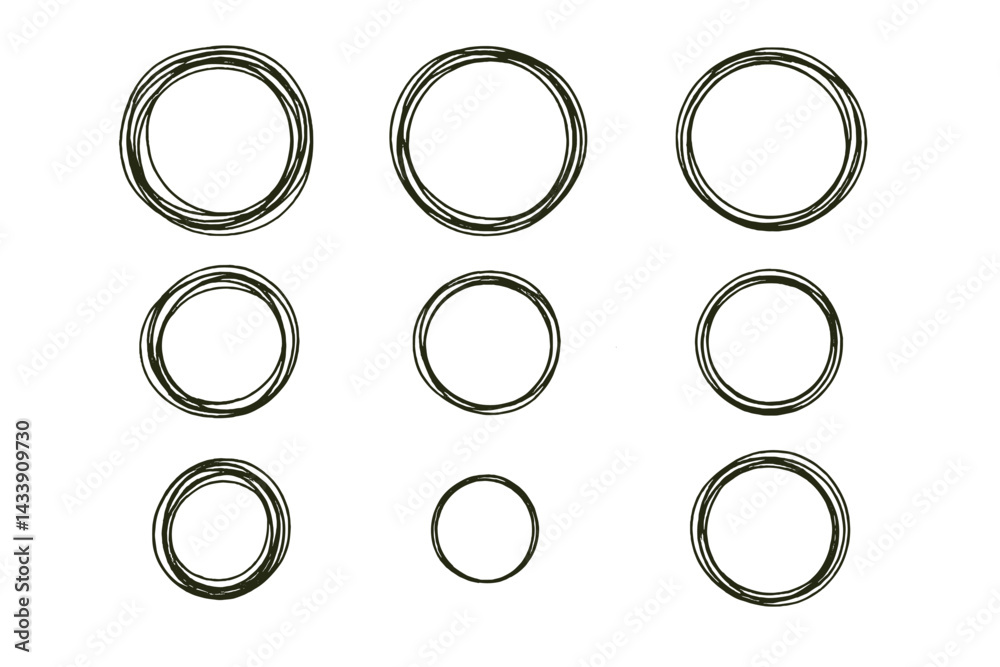 Poster icon set displaying various circular designs featuring multiple sizes of outlined circles for use in