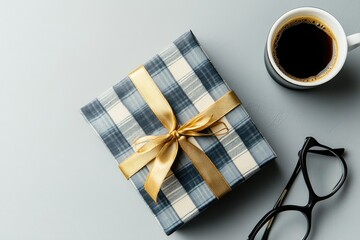A wrapped gift with a golden ribbon, a cup of coffee, and a pair of glasses on a grey background