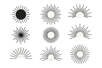 Unique icon set featuring sunburst designs in various black and white patterns for versatile graphic applications