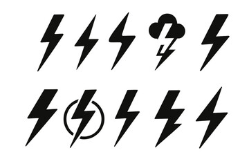Icon set showcasing various lightning bolt designs in different styles and orientations suitable for graphic projects