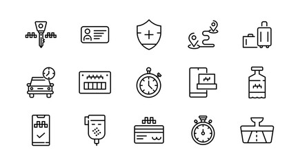 Fototapeta premium Taxi cab, car service line icon set. Rideshare, travel driver, passenger, taxi app, fare, Hail a Cab, location, rent a car, vector icon collection. UI outline icon pack