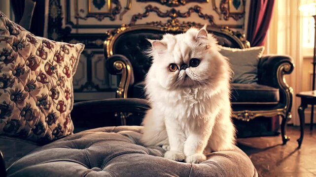 White persian cat lounging gracefully on ornate golden velvet pouf, highlighting luxurious baroque interior with regal feline elegance and sophisticated home decor