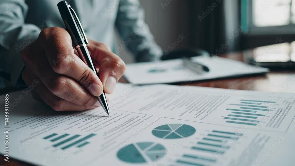 Poster businessman reviewing financial reports, analyzing charts and graphs, making notes with a pen, evalu