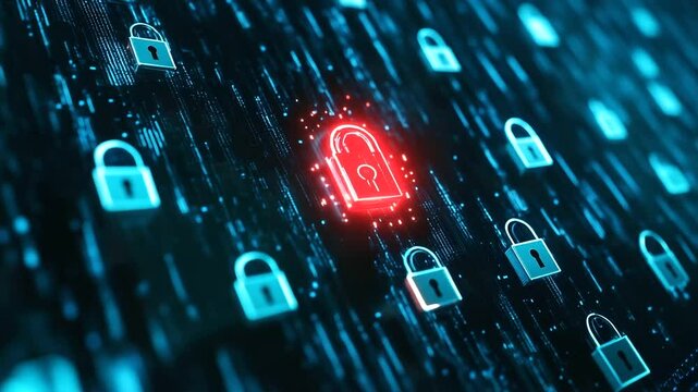 An intricate cyber network with bright locks and flowing encrypted data streams. The deep blue digital background highlights the advanced security concept.
