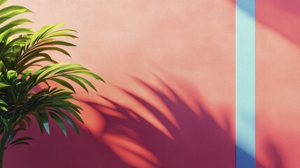 Indoor plant casts shadow onto a peach colored wall featuring a blue stripe for backgrounds and tropical environments.