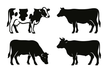 Various black and white cow silhouettes ideal for farm or animal-themed graphics and designs