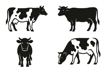 Icon set featuring various cow silhouettes in distinct poses for versatile design applications