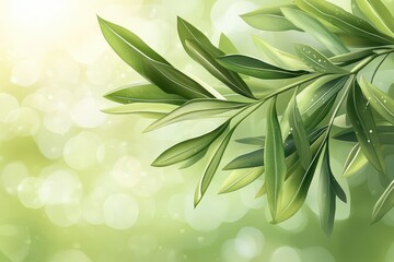 Fototapeta premium Lush green leaves glistening with dew against a soft, blurred bokeh background
